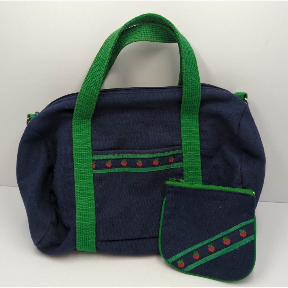 Vintage Canvas Barrel Bag Mini Duffle Bag Navy Green Strawberry With Pouch